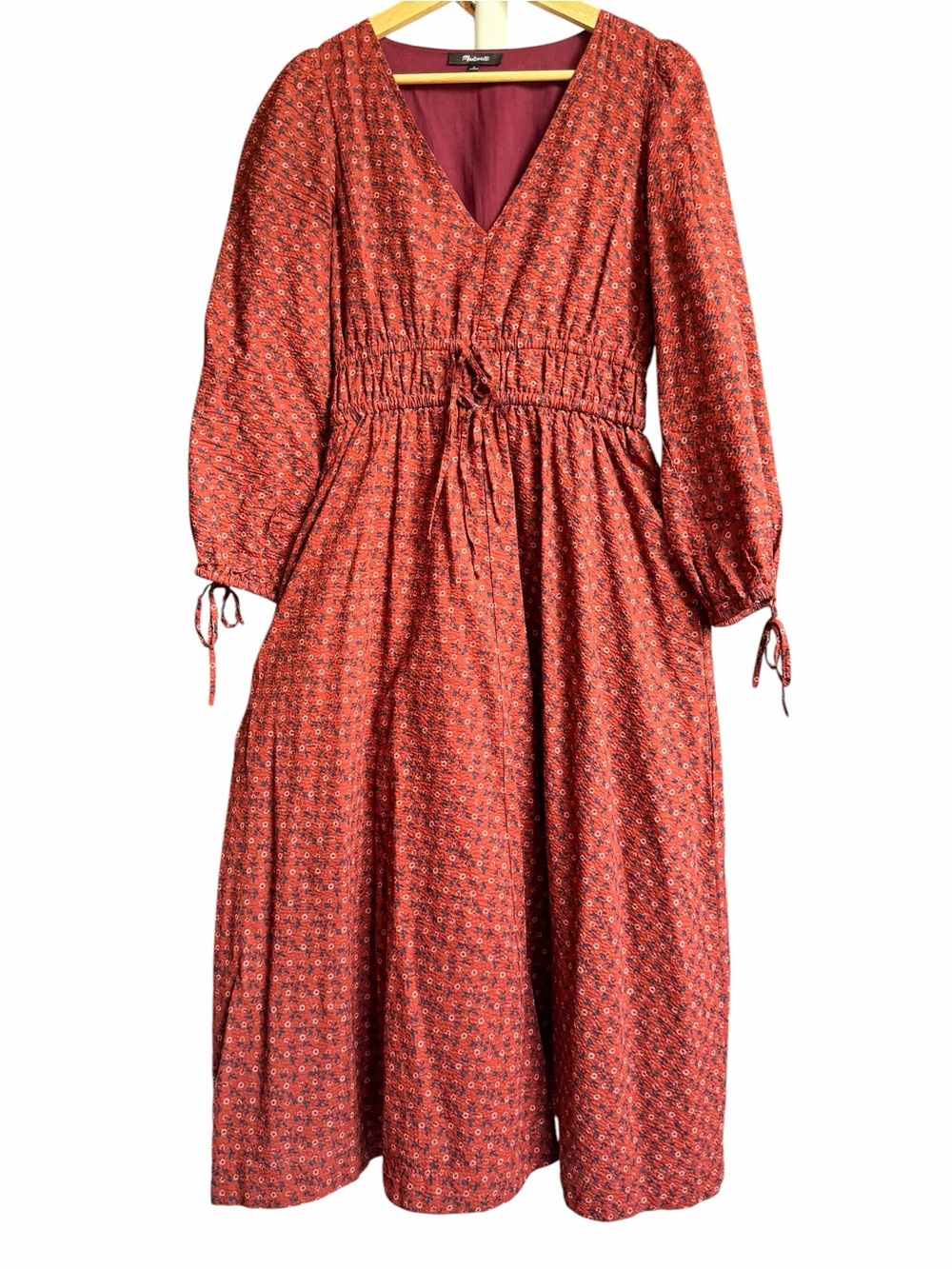 Madewell Rust Floral V-Neck Midi Dress with Drawstring Waist size 0